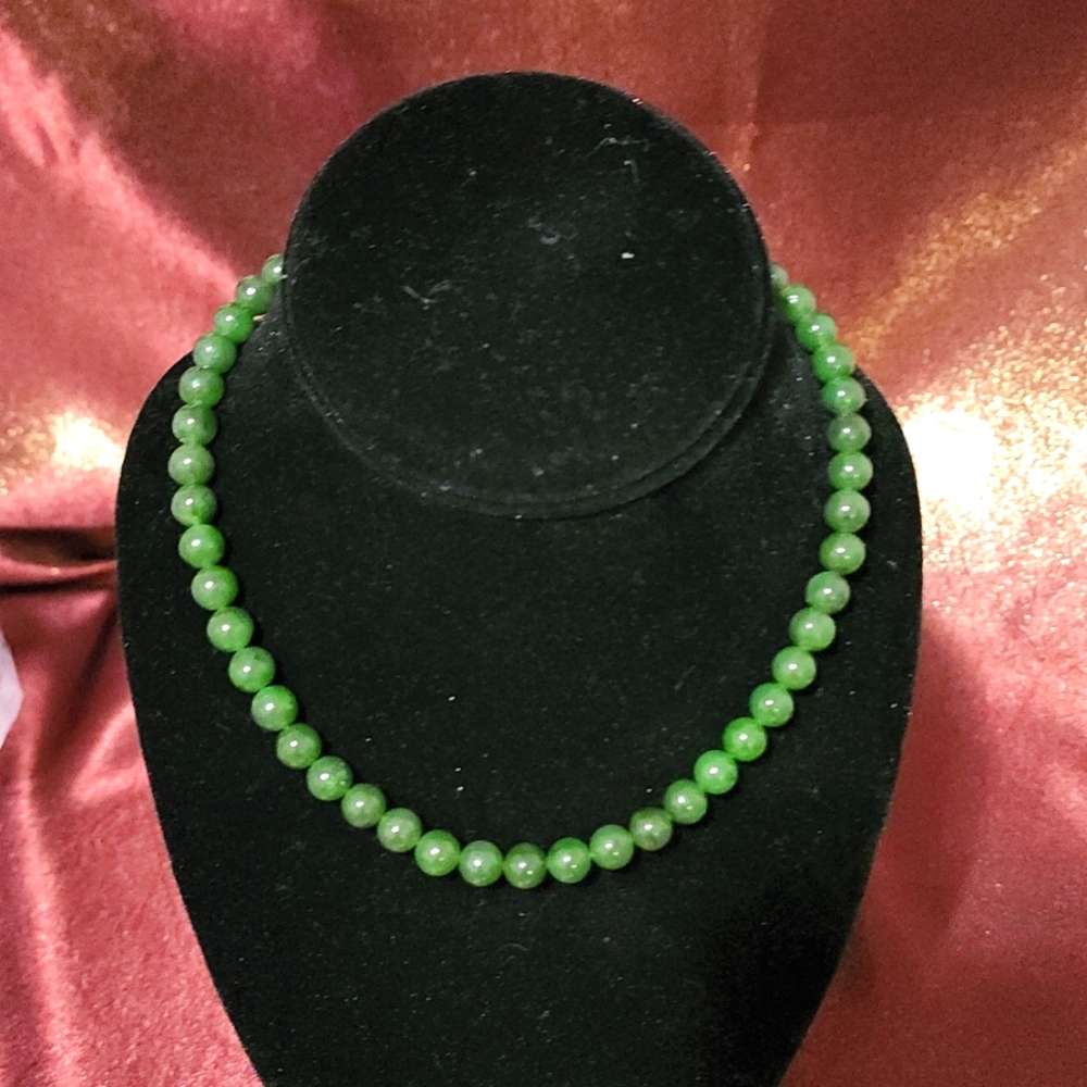 Jade necklace, 15", 8mm, beautiful dark green color.
